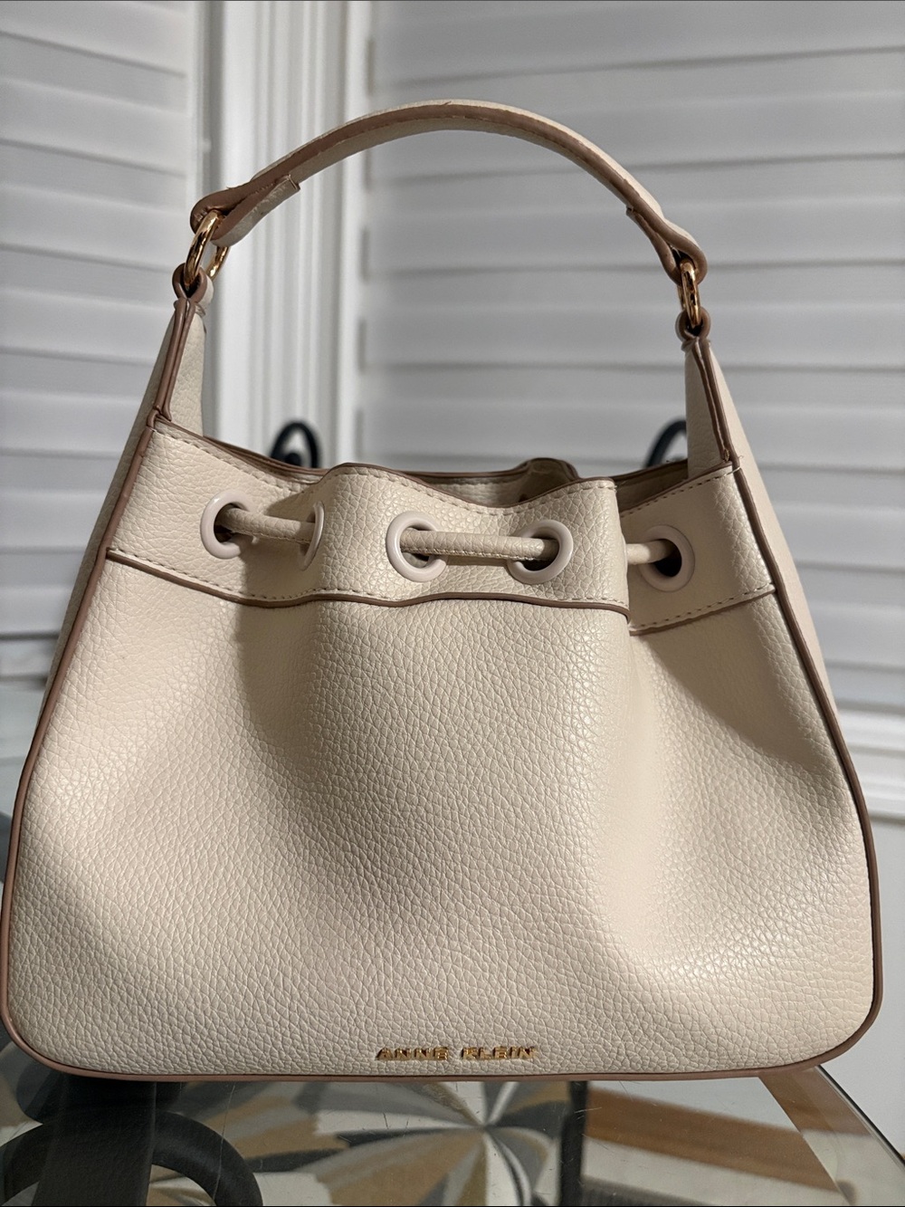 Anne Klein Cream Pebbled Drawstring Hobo